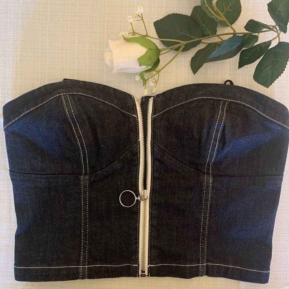 Joe’s Jeans Y2K 90s Denim Dark Blue Cropped Top Size Small Bustier Zip Closure.